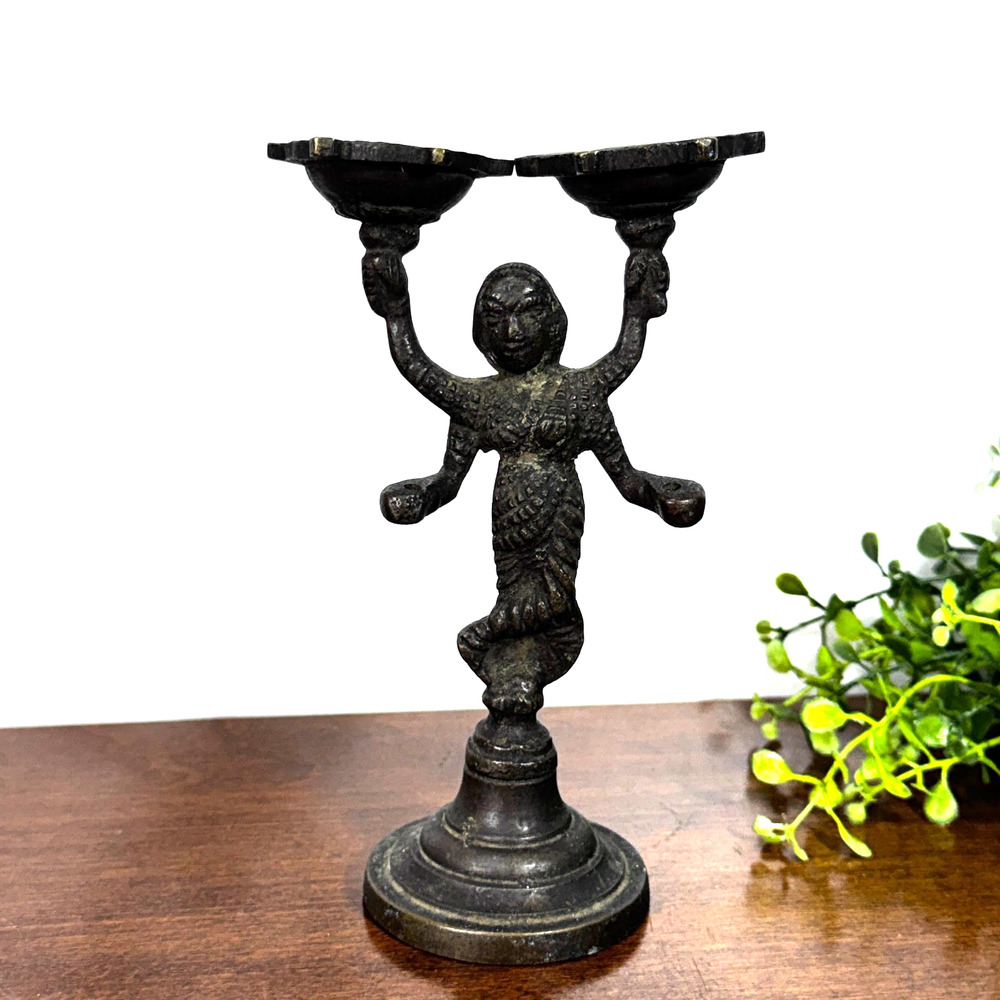 Vintage Bastar Tribal Bronze 4 Armed Figure Oil Lamp Candelabra India